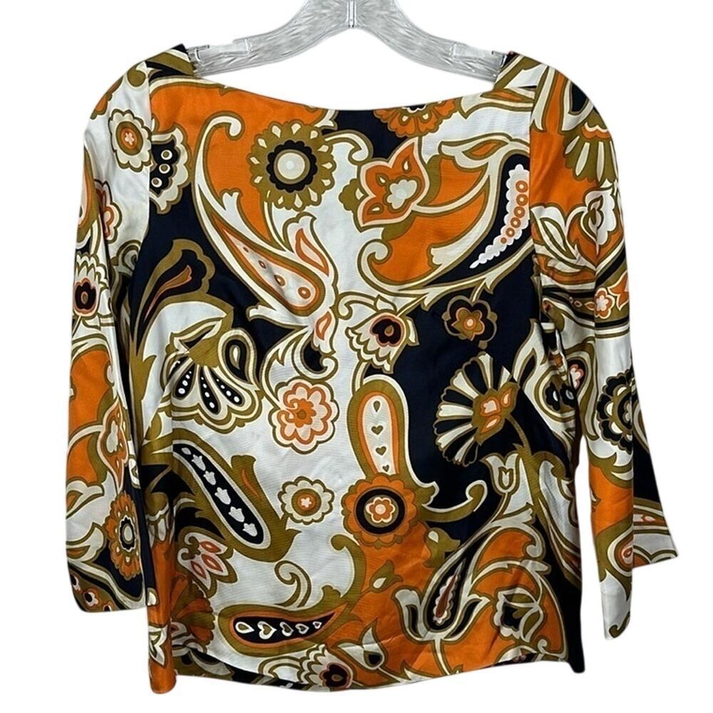 J. Crew Orange Blue Silk Paisley Blouse 0 Quiet Luxury Boho Chic Career Staple